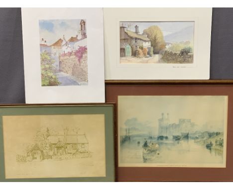 PAYNE? limited edition print entitled - 'Church of St Melid', 26 x 41cms, W RADCLIFFE watercolour - Robin Lane Troutbeck, unf