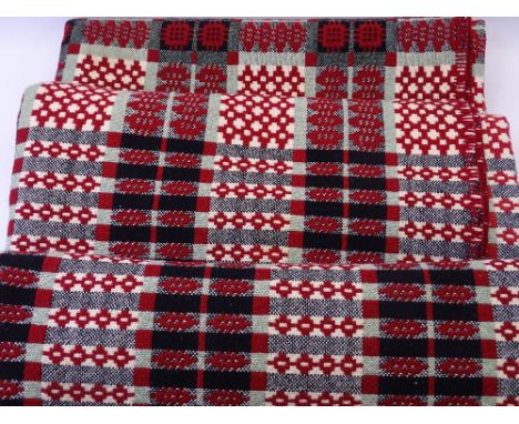 VINTAGE WELSH WOOLLEN BED BLANKET, Burgundy and Black reversible pattern, 210 x 182cms