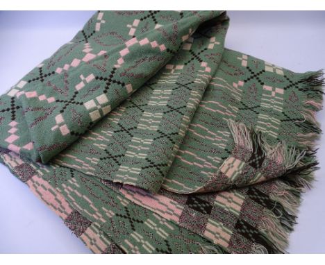 VINTAGE WELSH WOOLLEN BLANKET in green and pink reversible traditional pattern, 232 x 205cms approximately