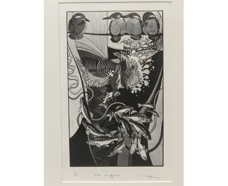 INDISTINCTIVELY SIGNED limited edition lino print, 46/95 - 'Five kingfishers', signed in pencil, 29 x 18cms