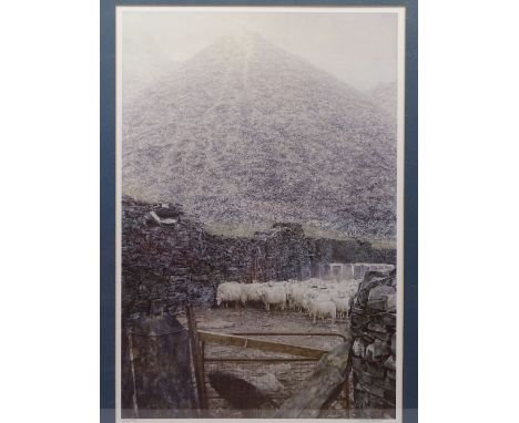 KEITH BOWEN limited edition print 225/450 - sheep huddled below slate pile, 62 x 43cms