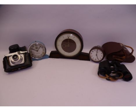 KARL ZEISS 8 X 30 VINTAGE BINOCULARS, camera and three various clocks