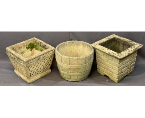 THREE RECONSTITUTED STONE GARDEN PLANTERS including a barrel effect example, 32cms H, 43cms diameter, brick form planter, 37c