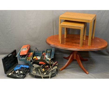 OCCASIONAL TABLES (3), power and other tools and a plastic model motor car made in France, 49.5cms H, 105cms L, 70cms W the l