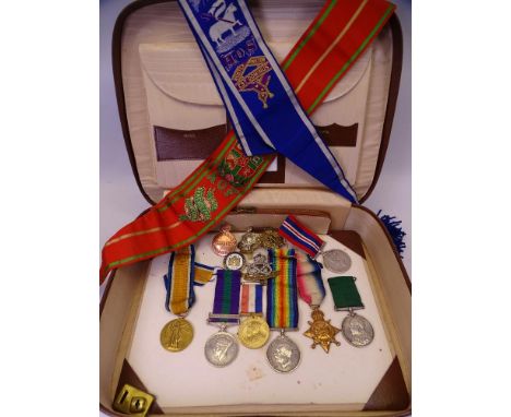 WWI &amp; OTHER MIXED MEDALS, Military and other badges and two Ancient Order neck sashes to include a First World War group 