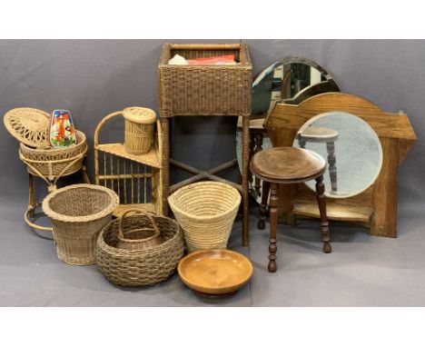 WICKER BASKETS, vintage wall mirrors and a circular top three legged stool, the tallest basket item with needlework contents,