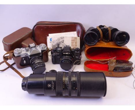 PHOTOGRAPHY - Zenit-e cased camera, Minolta X-700, light meter and a USSR made long lens marked 'CCCPROCT5.317-69' and a case