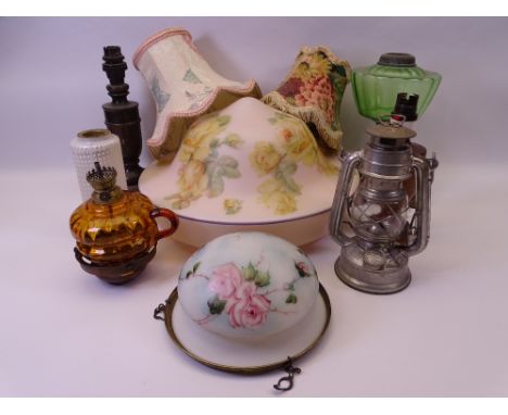 VINTAGE FONDANT GLASS FLORAL DECORATED LAMP SHADE, 35cms diameter and a parcel of other vintage lighting