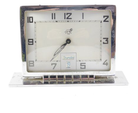 An early 20thC Uhrenfabrik Muhlheim desk calendar clock, rectangular silvered dial bearing Arabic numerals, calendar reserve,