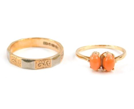 A 9ct two colour gold wedding band, size Q/R, 3.2g, together with 9ct gold and cabachon coral two stone ring, size M, 0.7g. (