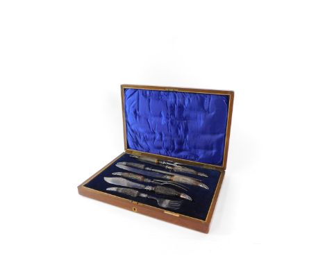 A Victorian Scottish horn and silver plated carving set, by George D Rattray of Dundee, comprising steel, two graduated knive