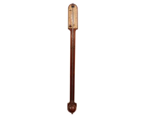 A 19thC mahogany cased stick barometer by Taylor of Pontefract, open faced with an ivory gauge, red spirit thermometer and ve