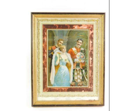 A Victorian advertising print for Noble's United Service 1898, depicting a lady being accompanied by Army and Navy Officers, 