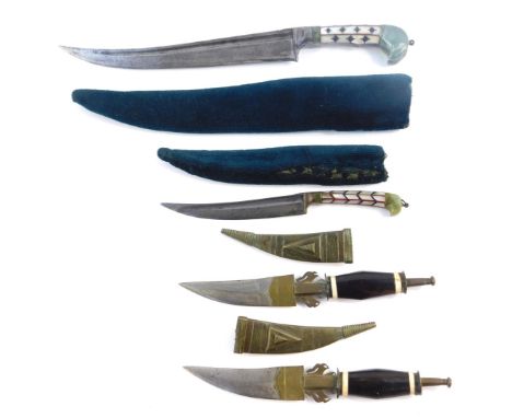 An Indo Persian dagger, with single edge steel blade, mother of pearl and jade set handle, with a green velvet bound sheath, 