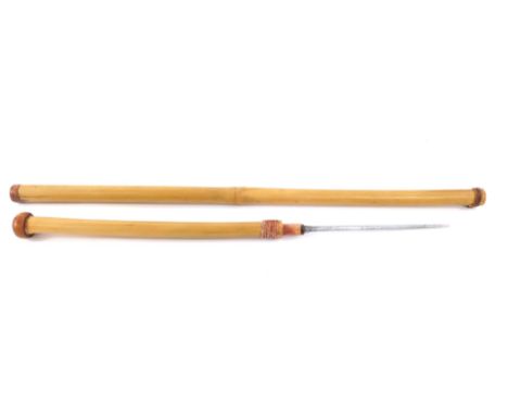 An antique bamboo dagger stick, with a weighted shaft, and handle with turned wooden knop, blade 15cm W, 76cm W.