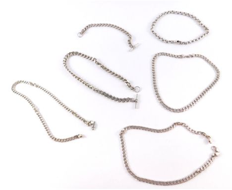 A silver curb link neck chain and matching bracelet, with T bars as fitted, three further curb link neck chains and a belcher