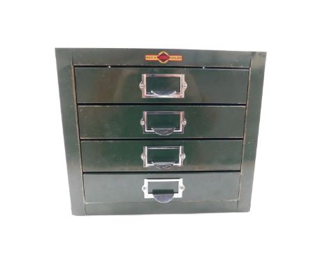 A Criterion green painted metal four drawer tool cabinet, 25cm H, 28.5cm W, 37cm D.