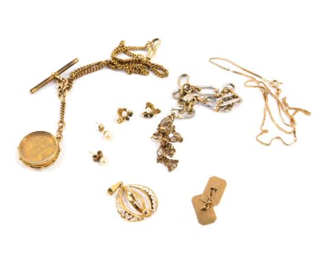 A 9ct two colour gold oval link bracelet, on a lobster claw clasp, 9ct pendant, single cufflink, chains and pearl set earring