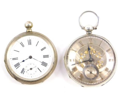 A Victorian gentleman's silver cased pocket watch, open faced key wind, engine turned silver dial with gilt decoration and Ro