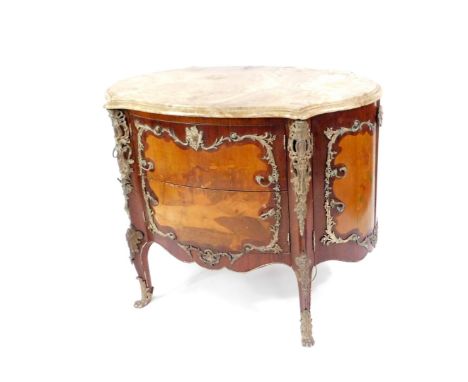 An 18thC French Louis XV oval kingwood and marquetry inlaid commode by Germain Landrin, of oval form, with a brown marble ser