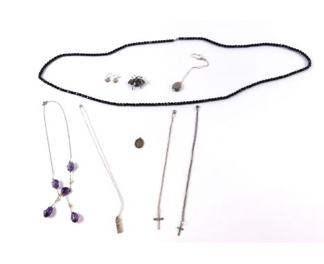 Silver and costume jewellery, including crosses, a bee brooch, string of French jet beads, and an Art Nouveau amethyst and se