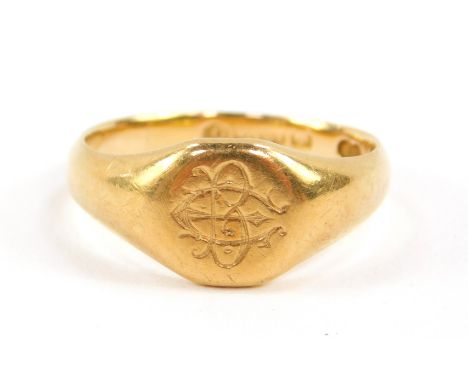 A lady's 18ct gold signet ring, monogram engraved, size R, 6.0g.