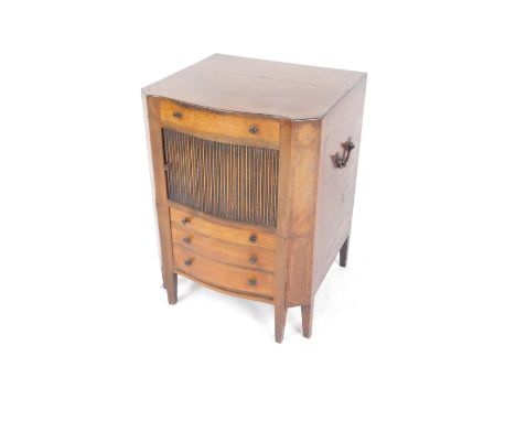 A George III mahogany and cross banded serpentine commode, with twin brass carrying handles, the front with tambour slide, ab