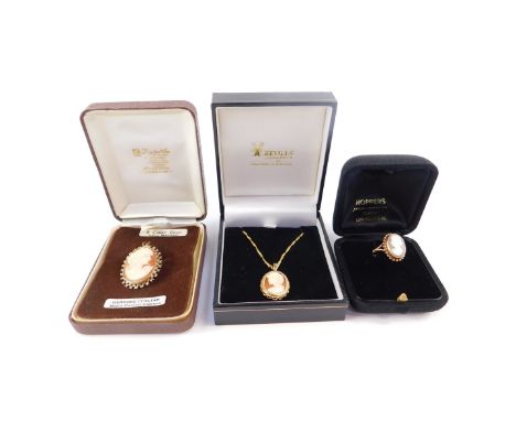 A 9ct gold and cameo pendant brooch, bust portrait of a lady, a similar pendant on chain, and a cameo ring, size K.  (3)