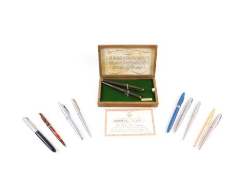 A Parker 75 Cisele sterling silver fountain and ballpoint pen set, No 65644, boxed with certificate, together with nine Sheaf