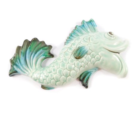 A Clarice Cliff pottery fish wall pocket, of grotesque form, painted in shades of blue and green, no.192, printed and embosse