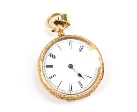 A lady's 14ct gold cased pocket watch, open faced, key wind, enamel dial bearing Roman numerals, movement by Thos. Russell &a