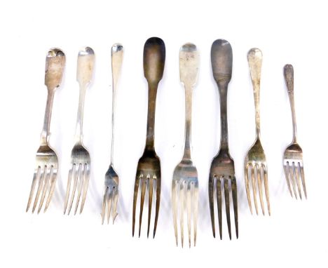 Three Victorian silver table forks, Josiah Williams &amp; Company, Exeter 1855, London 1840, and 1863, two further forks, a t