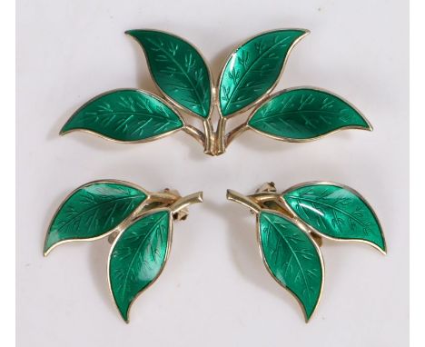 David Andersen, Norway, a silver and green enamel four-leaf brooch and earring set, marked D-A 925S Sterling, the brooch 66mm