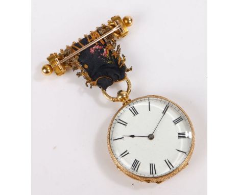 18ct gold ladies open face pocket watch, the white enamel dial with Roman numerals, key wound, the caseback with vacant shiel