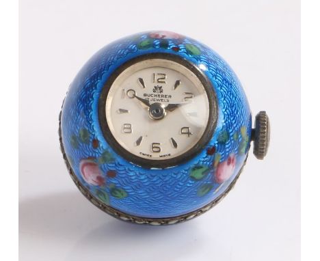 Bucherer orb form pendant watch, the signed white dial with Arabic and baton markers, the orb form case in blue enamel with f