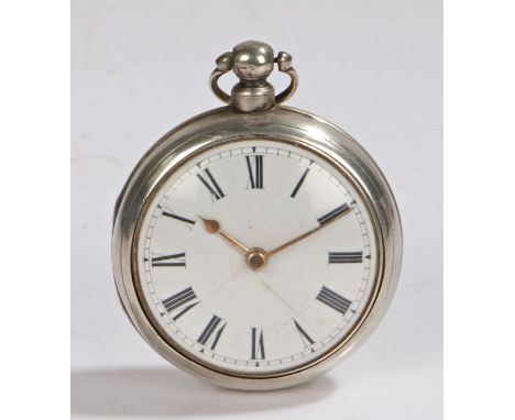 William IV silver pair cased open face pocket watch by Eaton of London, London 1835, the white enamel dial with Roman numeral