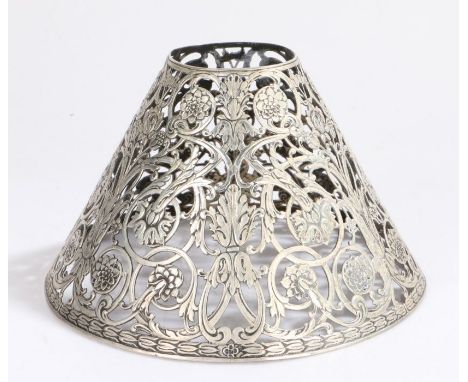 Unusual sterling silver lamp shade, Birmingham marks rubbed, of tapering form with pierced foliate and scroll decoration, sta