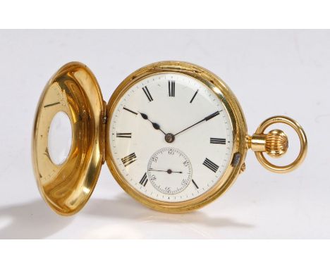 18 carat gold half hunter pocket watch by Ross of Winchester, the case with blue enamelled Roman numerals, the white enamel d