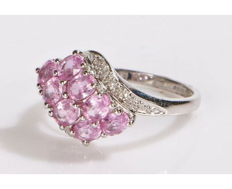 9 carat white gold ring, set with two rows of pink stones to the head, 2.3 grams, ring size J 1/2