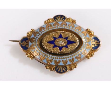 Victorian diamond and enamel brooch, the stepped oval shape with a central diamond and enamel surrounds, locket section to th