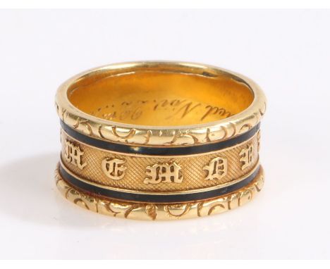 Victorian 18 carat gold mourning ring, assayed "Wm Peck died Nov. 22nd 1921. Aged 76", 12.2 grams, ring size U1/2Footnote:Wil