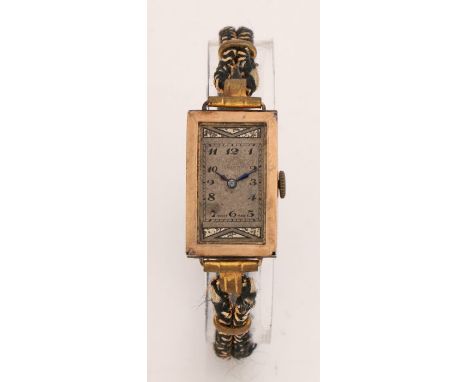 Ladies 9 carat gold Art Deco style cocktail watch, the silvered dial with Arabic numerals, manual wound, the case 17mm wide, 