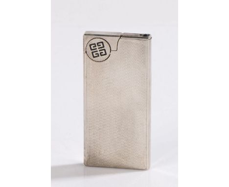 Givenchy silver plated cigarette lighter, the engine turned body with Givenchy logo to the circular striker, 3cm wide, 7cm hi