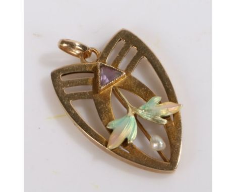9 carat gold amethyst, pearl and enamel decorated pendant, with a pearl and amethyst centre flanked by enamel leaves, 1.6 gra