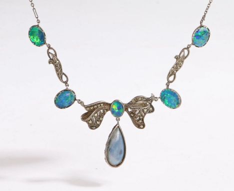 Art Nouveau style opal and marcasite necklace, with a drop pear cut opal and marcasite set swags interspersed by oval opals, 