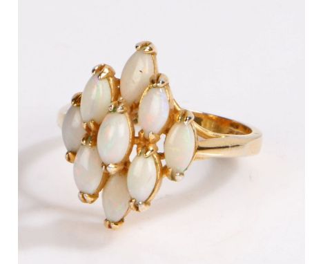 18 carat gold and opal set ring, nine opals are arranged to form a diamond, 3.5 grams ring size Q