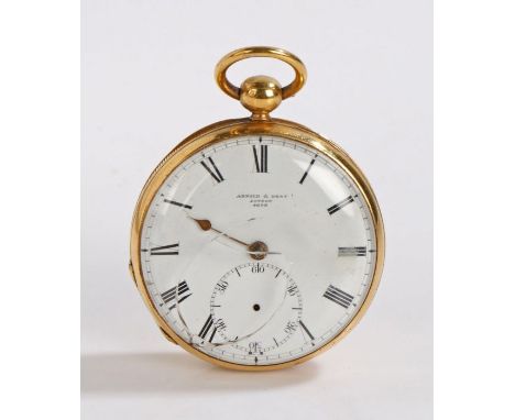18 carat gold open face pocket watch by Arnold &amp; Dent London, the signed white enamel dial with Roman numerals and subsid