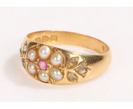 Victorian 18 carat gold diamond ruby pearl set ring,&nbsp;Chester 1899, with a central ruby and pearl surround flanked by dia