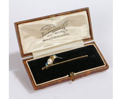 Enamel and pearl set brooch, with an enamel kingfisher above the bar, 3.2 grams, 53mm long&nbsp;