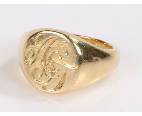 Yellow metal signet ring, the head initialled ASJ, 8.2 grams, ring size E 1/2